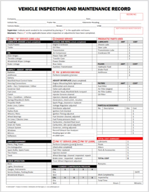Vehicle Inspection and Maintenance Record Detailed, 2-Part Carbonless, 10Pk