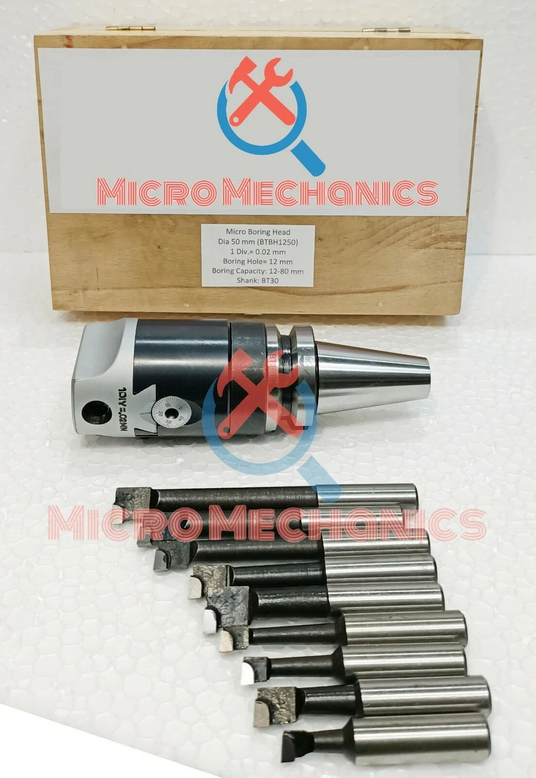 Dia 50 MM Micro Boring Head Set With BT40 Shank & 9 Pcs 12mm Carbide Tipped Tool