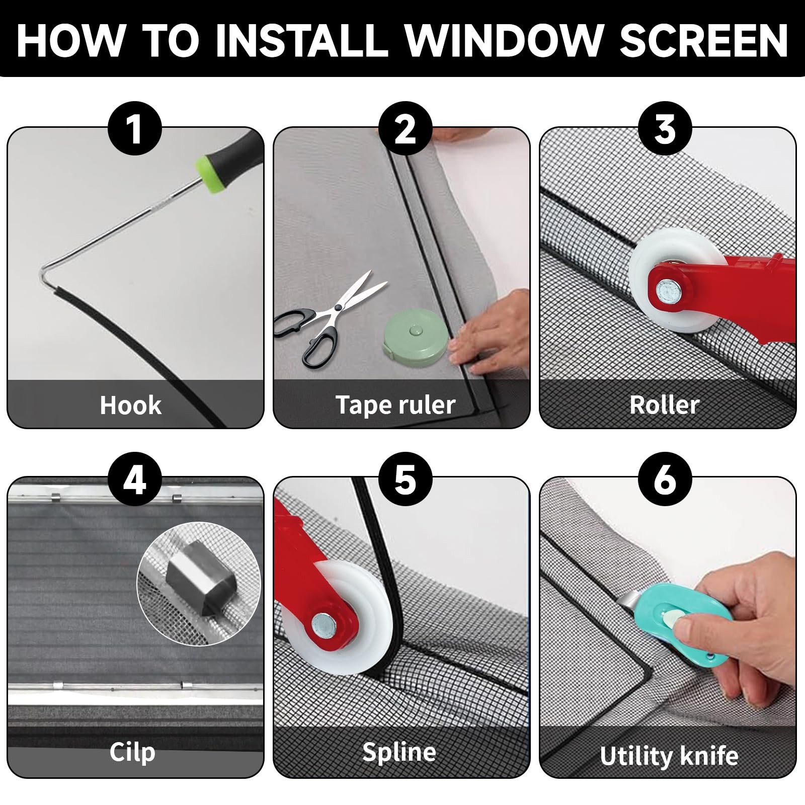 Window Screen Door Repair/Replacement Kit,59″ x158″ 59″ x158″, Black