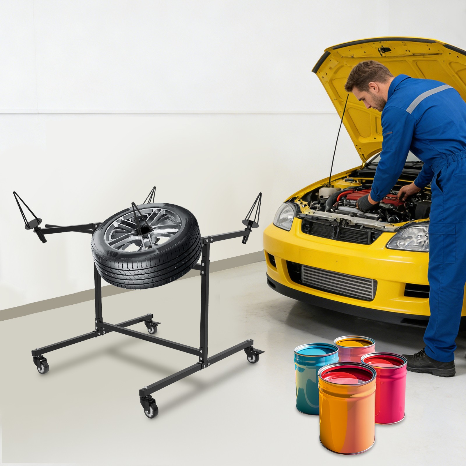 F02 Rotating Wheel Paint Stand Rack 300lbs Capacity Tilted With 4 Swivel Casters