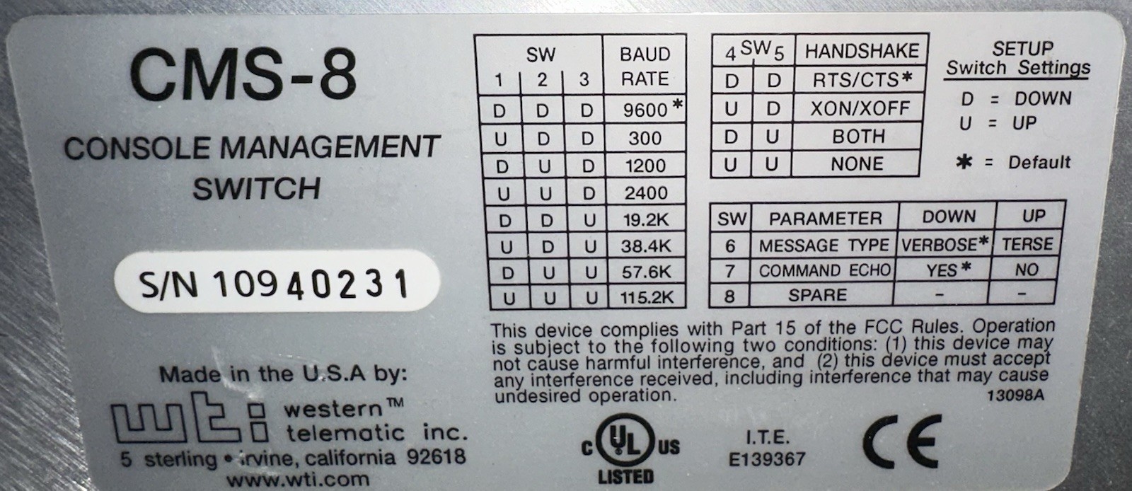 WTI Console Management Switch Western Telematic Inc CMS-8 8 Port
