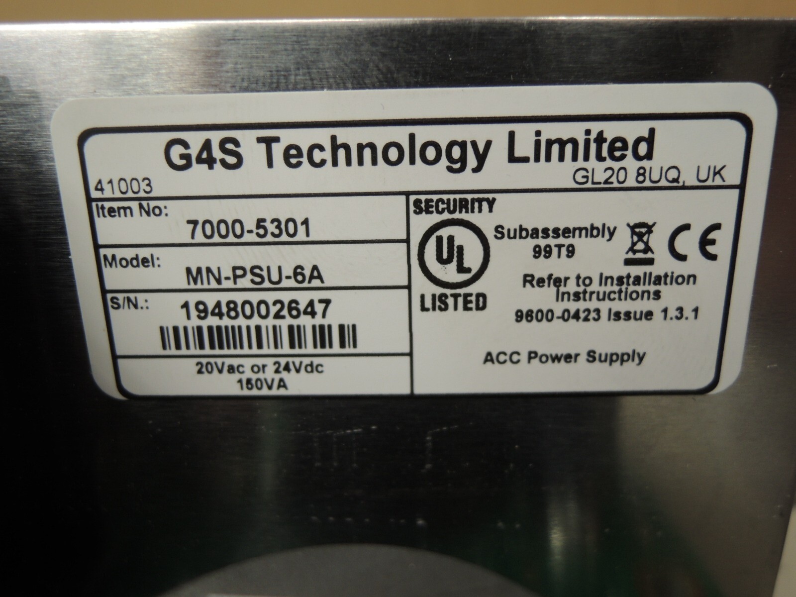 G4S Technology MN-PSU-6A Power Supply 7000-5301 150VA 120V to 20VAC or 24VAC