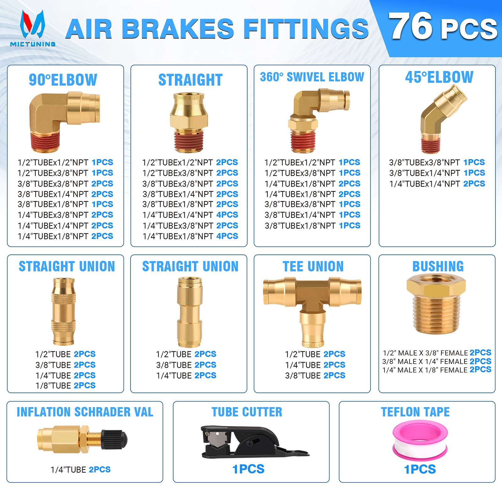 76 Pcs Brass DOT Air Line Fittings Kit Push Lock DOT Air Fittings Truck &Trailer