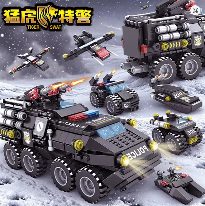 6 in 1 Military Building Blocks Tiger Police Car Armored Vehicle Aircraft Set…