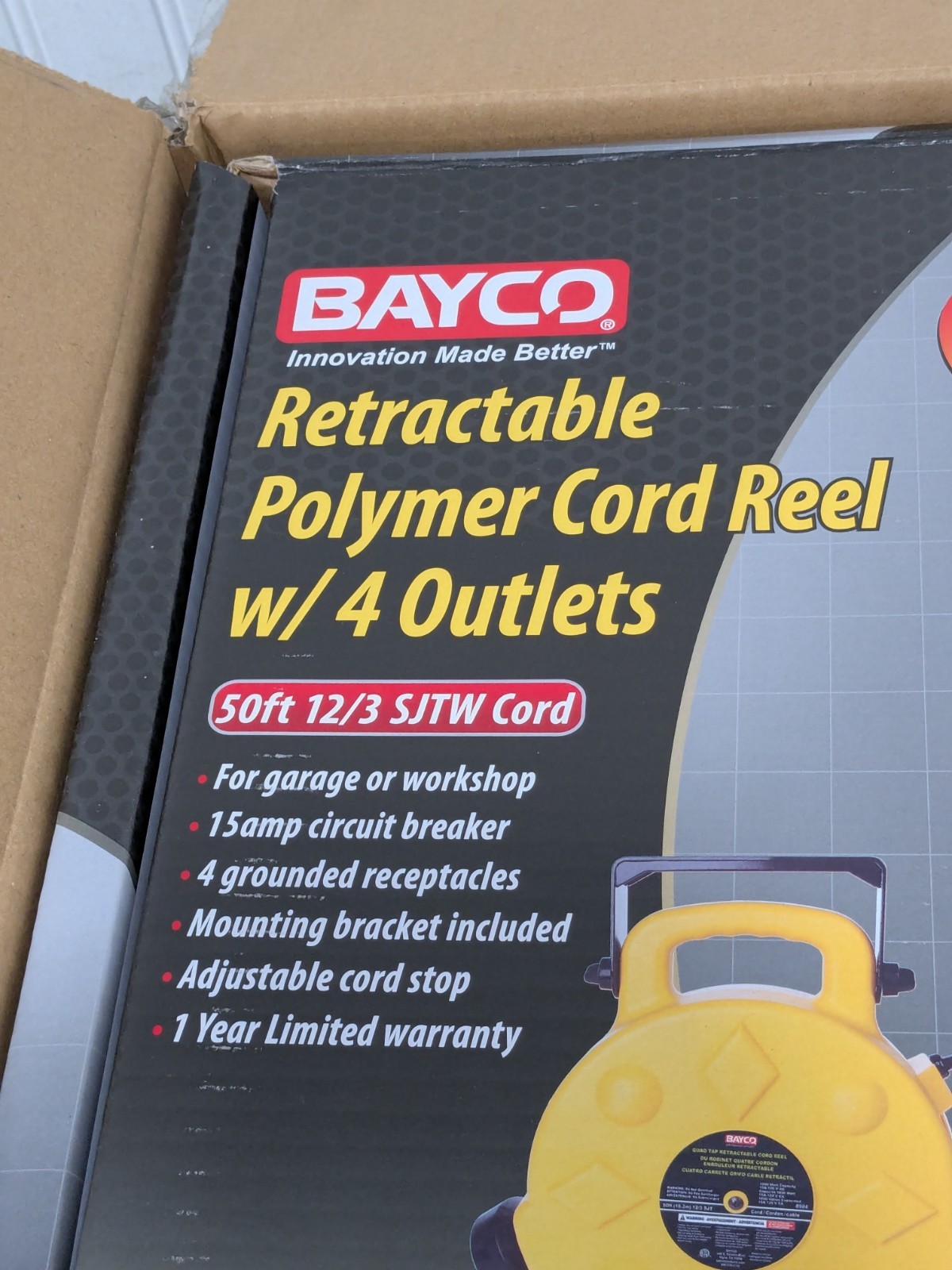 Bayco Cord & Cable Reel: 12 AWG, 50′ Long, Outlet End 4 Outlet SL-8904