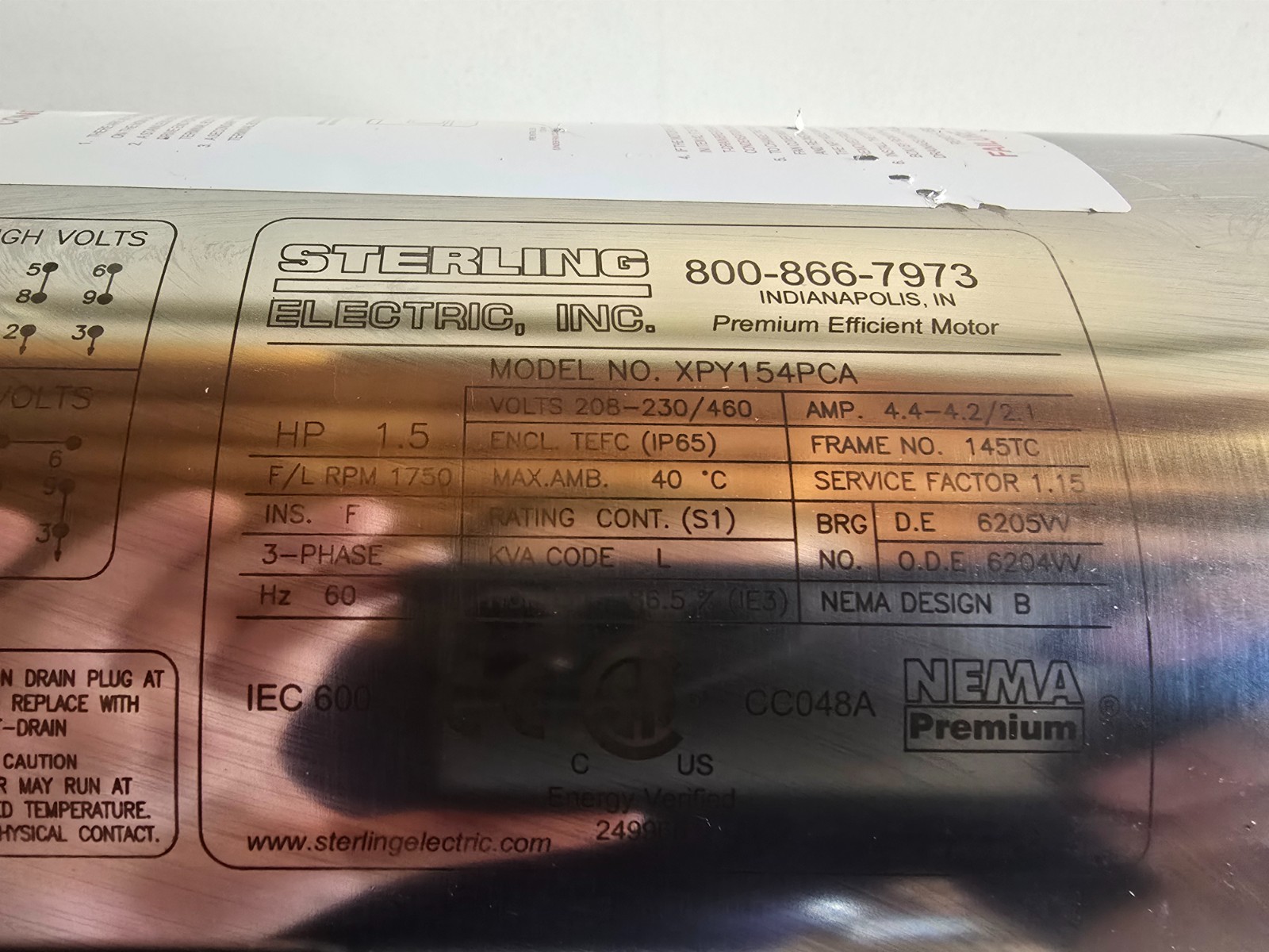 NOS! STERLING ELECTRIC NEMA PREMIUM 1.5HP STAINLESS STEEL MOTOR XPY154PCA