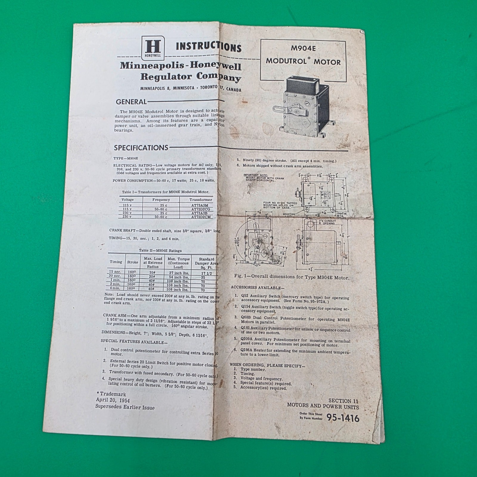 Vintage 1954 Honeywell Instruction Manual for M904E Modutrol Motor 95-1416