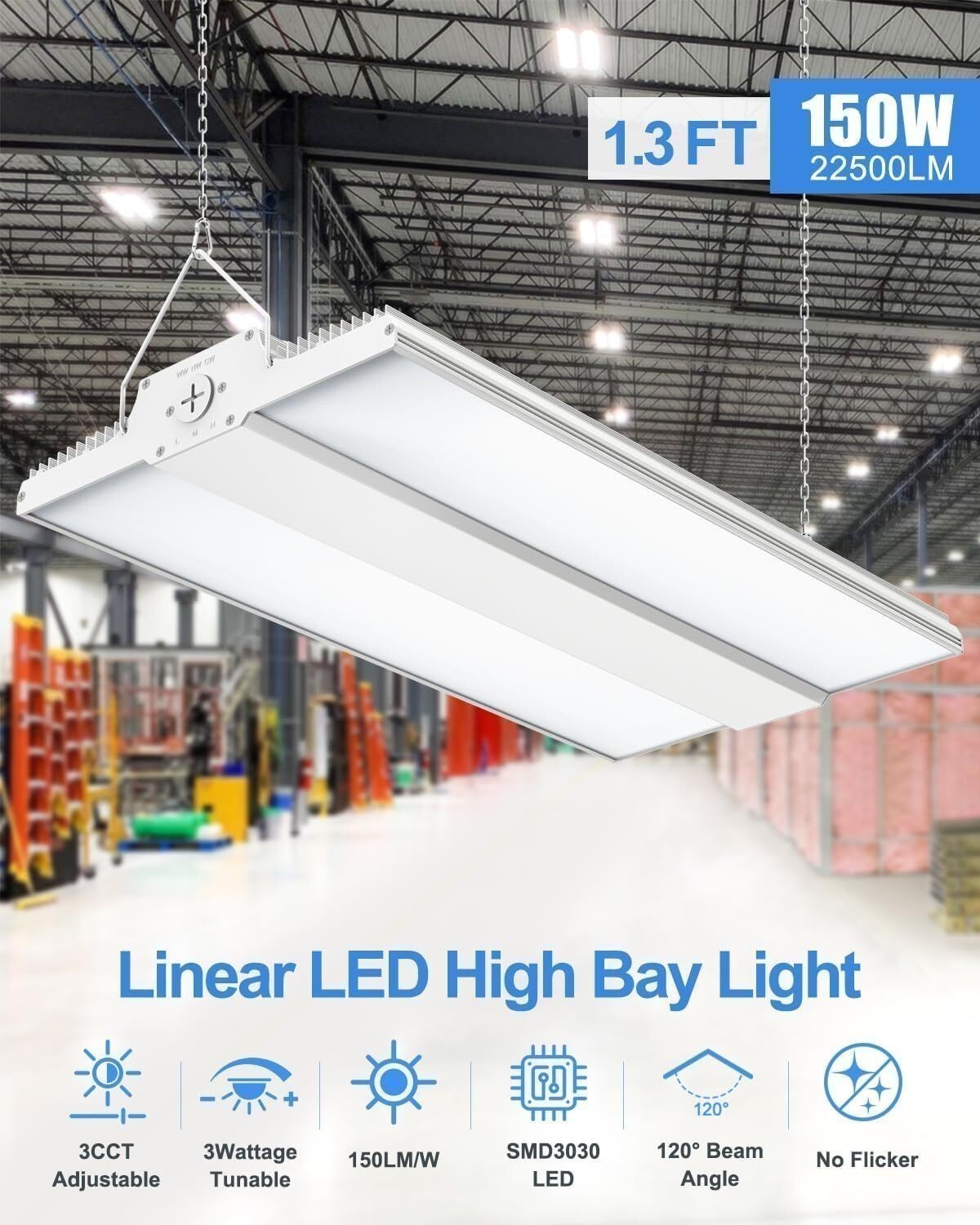 LED Linear High Bay Shop Light 4.5/5/5.7K 100-277 VAC Hanging Lamp 150W 120W 90W