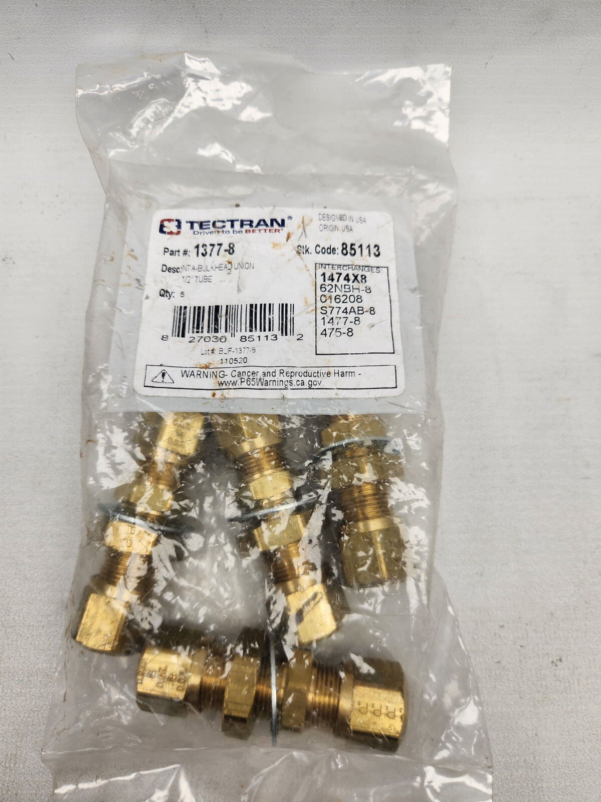 Tectran bulkhead Union 1/2inTube 1377-8 (Pack of 5)