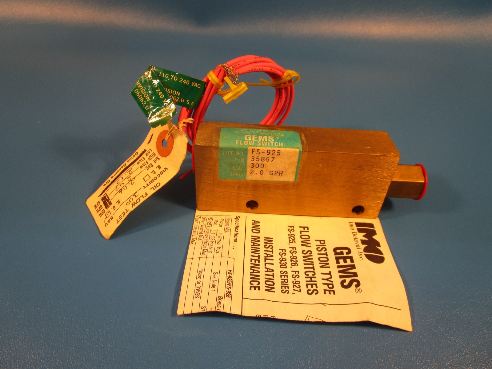 GEMS 35857, FS-925 PISTON TYPE FLOW SWITCH, 2.0 GPH