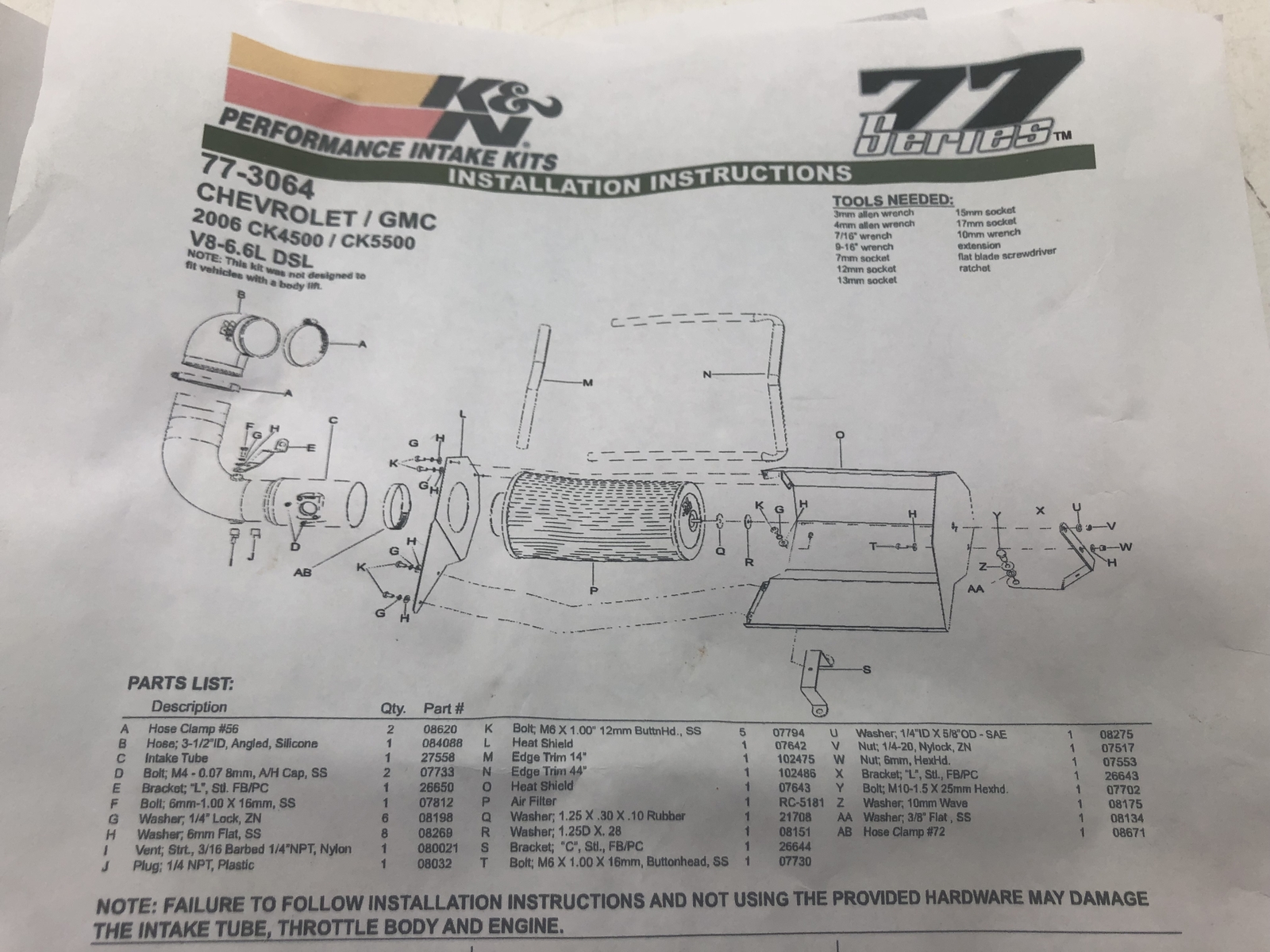K & N 77-3064 CHEVROLET/GMC AIR INTAKE