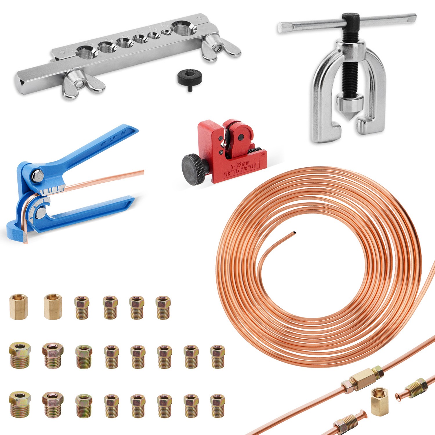 25Ft 3/16″ Copper-Coated Brake Line Kit With 16 Fittings, 2 Union + 4 Nut Set