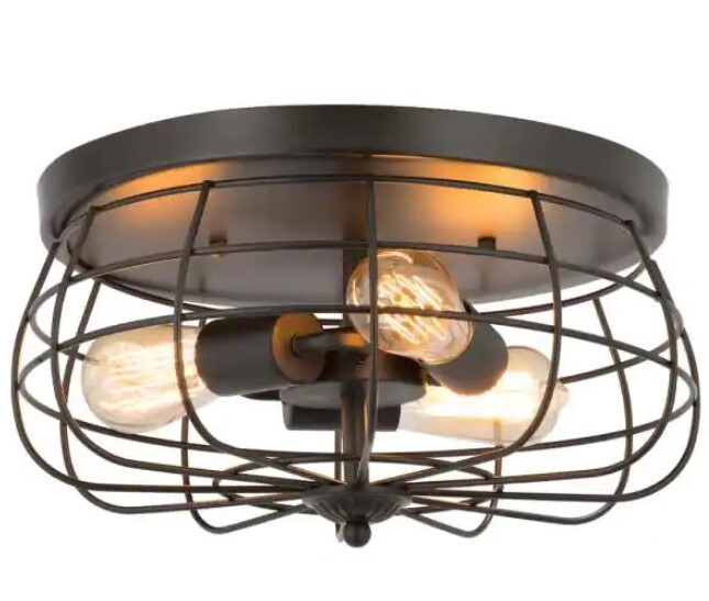 Merra 15 in. Industrial 3-Light Oil Rubbed Bronze Metal Cage Flush Mount
