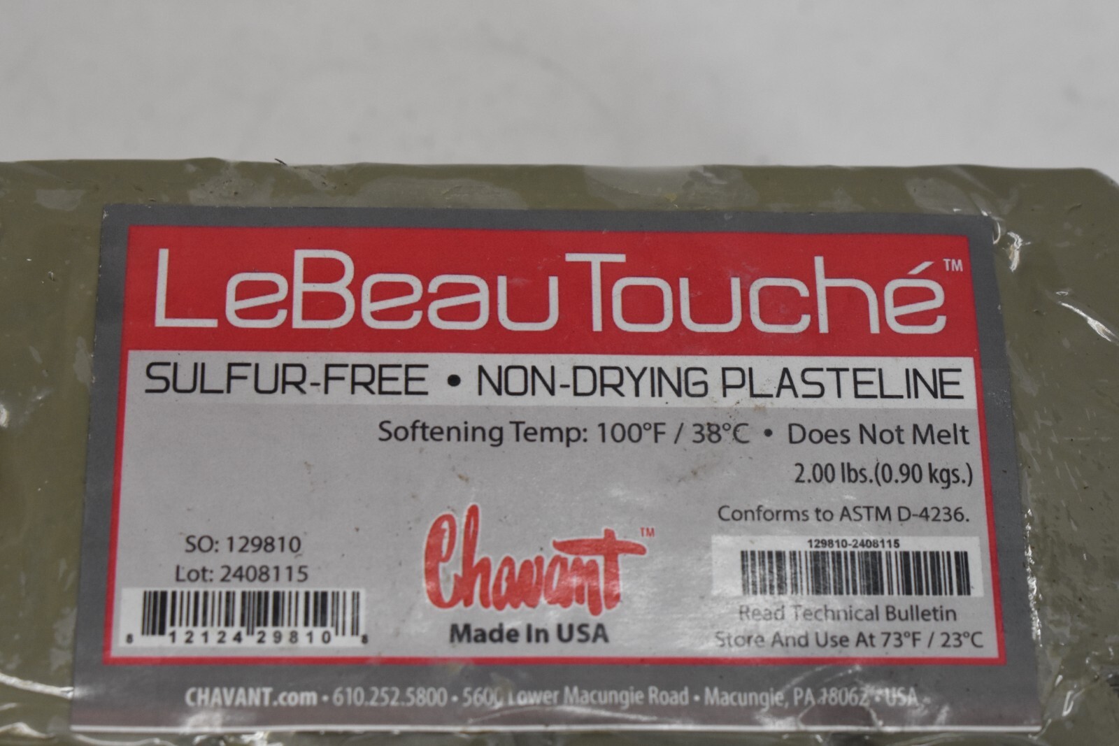 Chavant Le Beau Touche Plasteline Non Hardening Clay 2 lbs Block Gray Color
