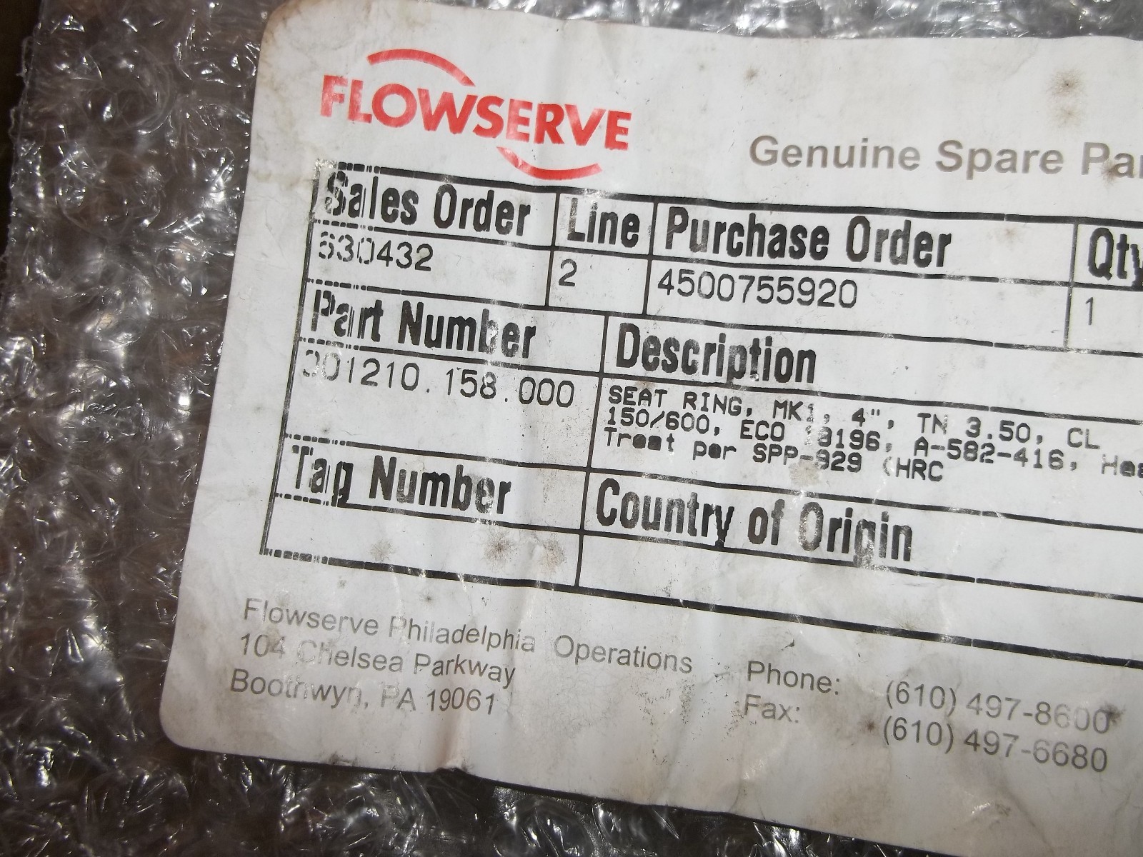 FLOWSERVE 001210.158.000 SEAT RING MK1 4″ TN 3.50 CL 150/600 ECO 18196 (WL30-1)