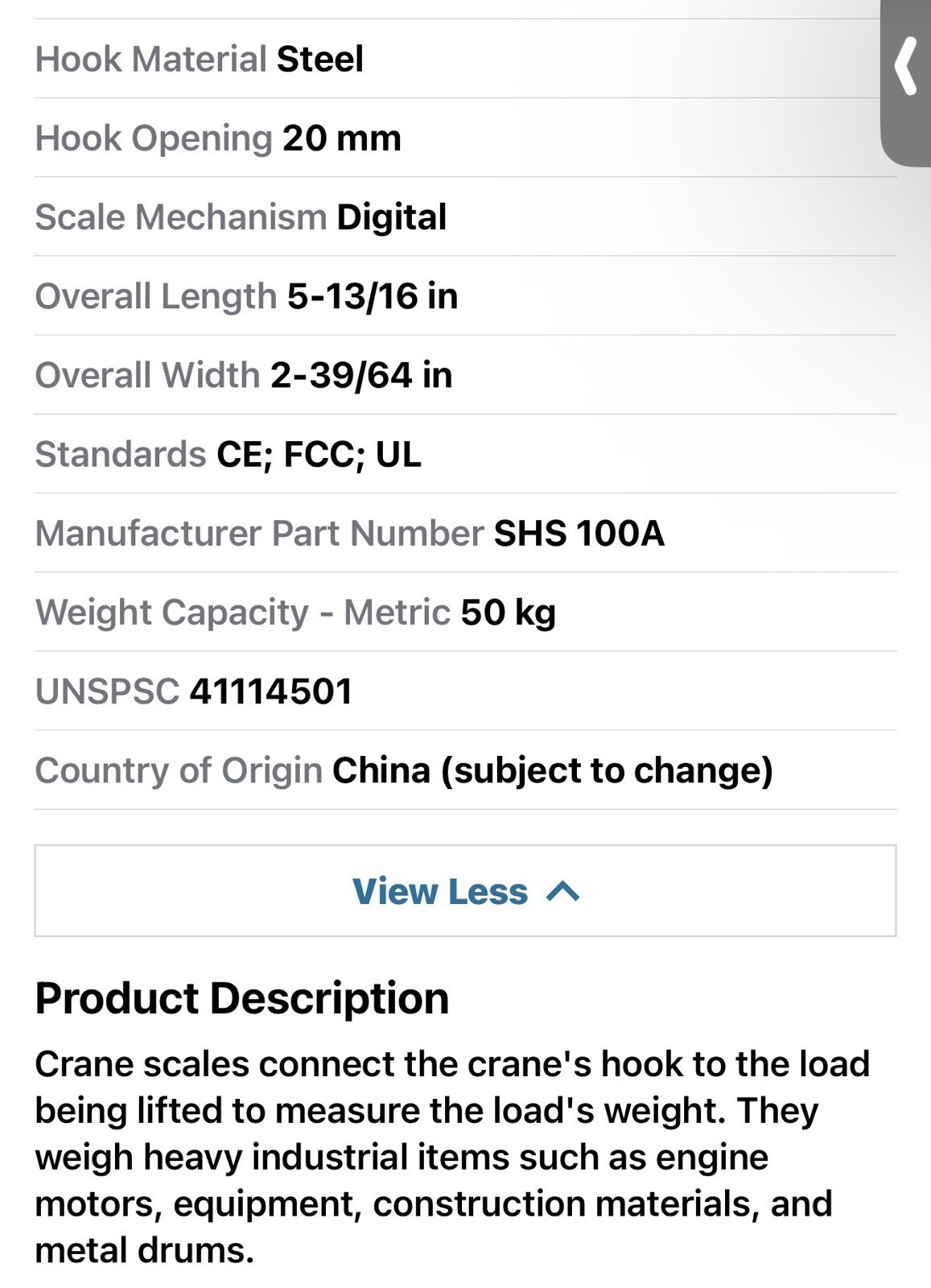 ADAM EQUIPMENT SHS 100A Crane Scale,LED,50kg/100 lb. Cap. 19YN63