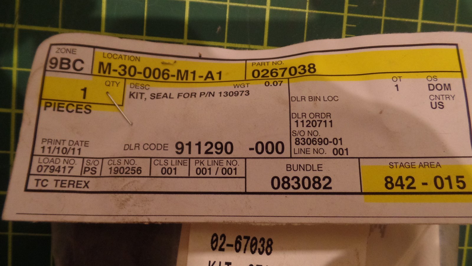 GENUINE TEREX AERIAL SEAL KIT 02-67038, 0267038, ( FOR PART# 130973 ) NIB, N.O.S