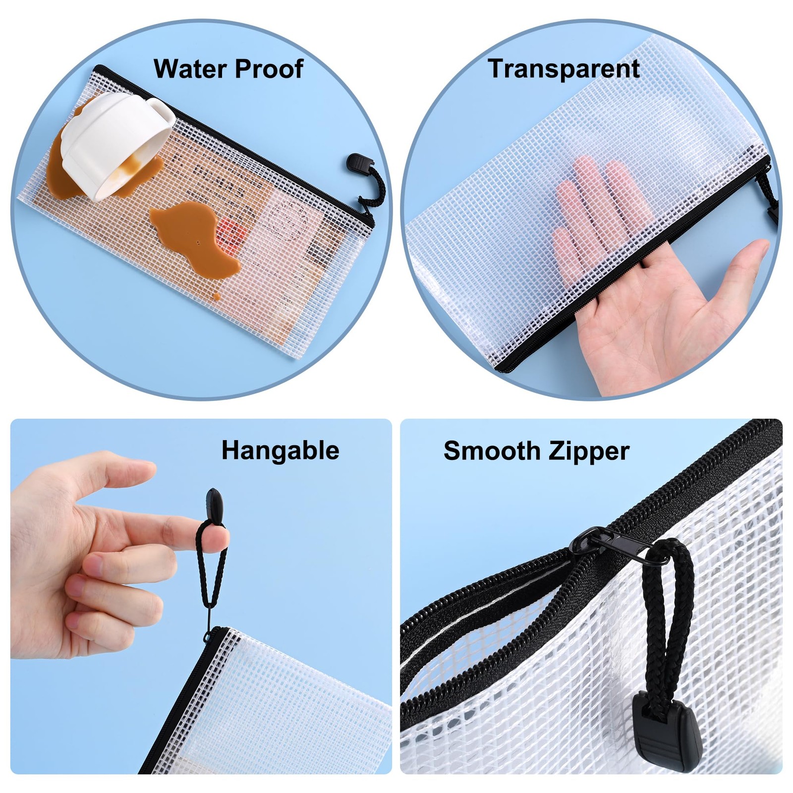 Lidwot 12 Pieces Clear Plastic Mesh Zip Pouch Length23cm X Width11.4cm, Black