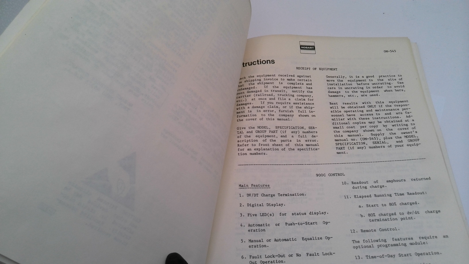 HOBART OM-545 OWNER MANUAL FOR 900C CHARGE CONTROL BATTERY CHARGER