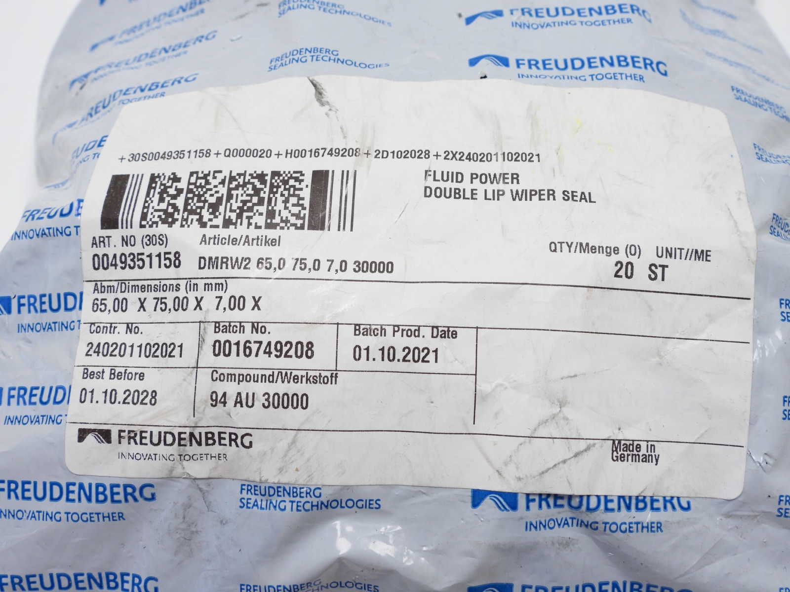Freudenberg 49351158 Double Lip Wiper Seal 65x75x7 mm (Pack of 20) Double Wiper