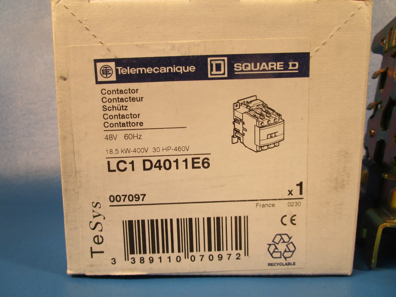 Telemecanique LC1 D4011 E6 Contactor, 48V 60Hz, 18.5kw 400V 30HP-460V, Square D