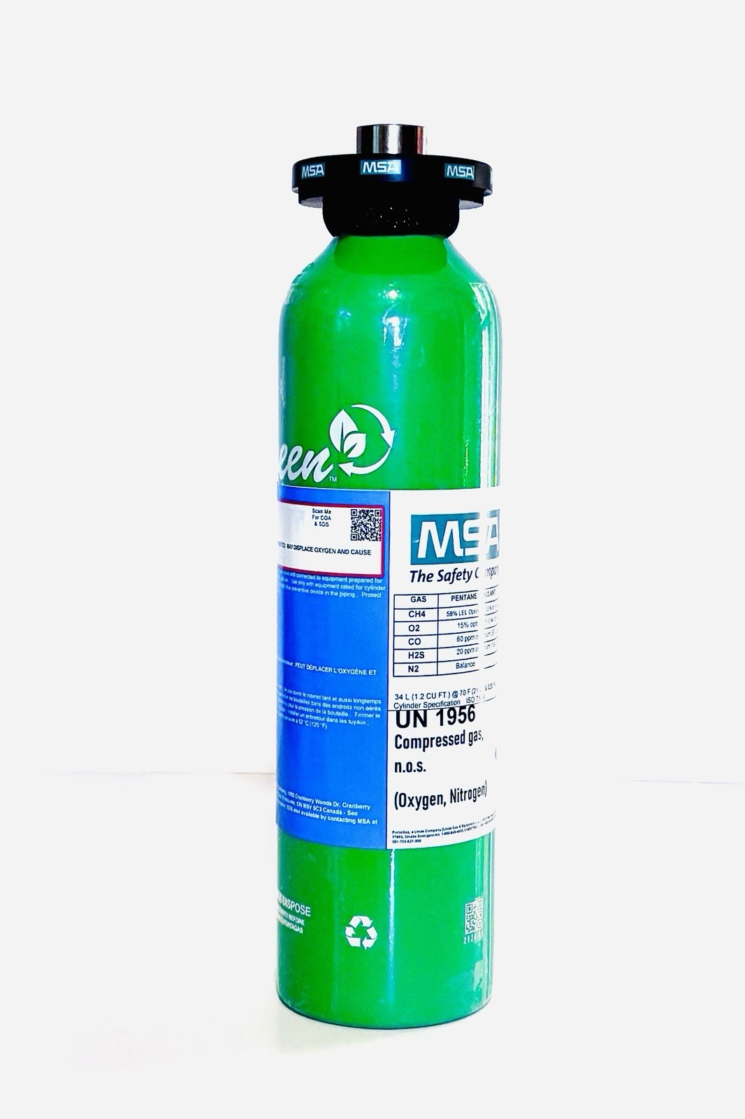 MSA 10048280 EXP NOV 2027 PortaGreen 34L Quad-Gas Calibration Cylinder –New