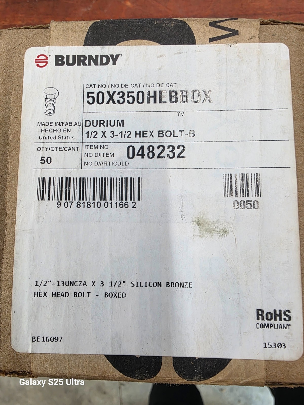 Burndy 50X350HEBBOX Durium Silicon Bronze 1/2″ X 3-1/2″ HEX BOLT