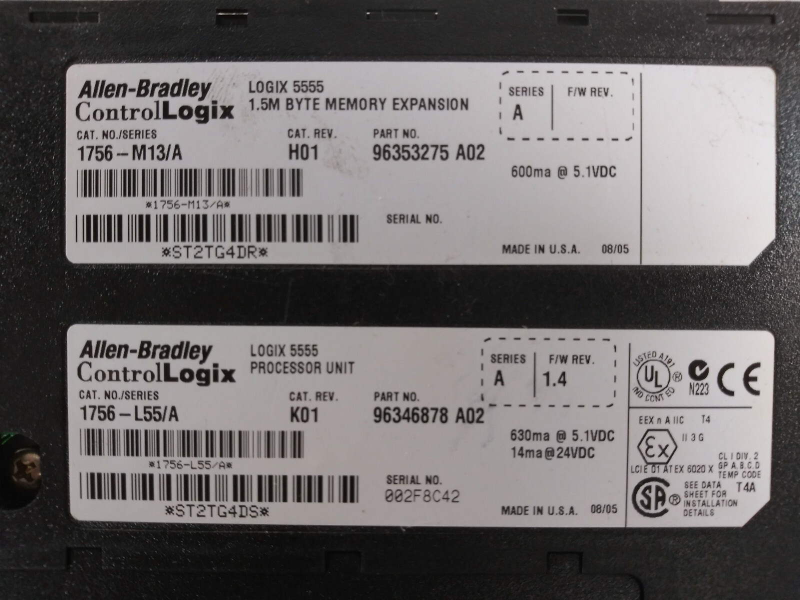 1 USED ALLEN-BRADLEY 1756-L55/A PROCESSOR UNIT W/ KEY & 1756-M13/A MEMORY EXP.