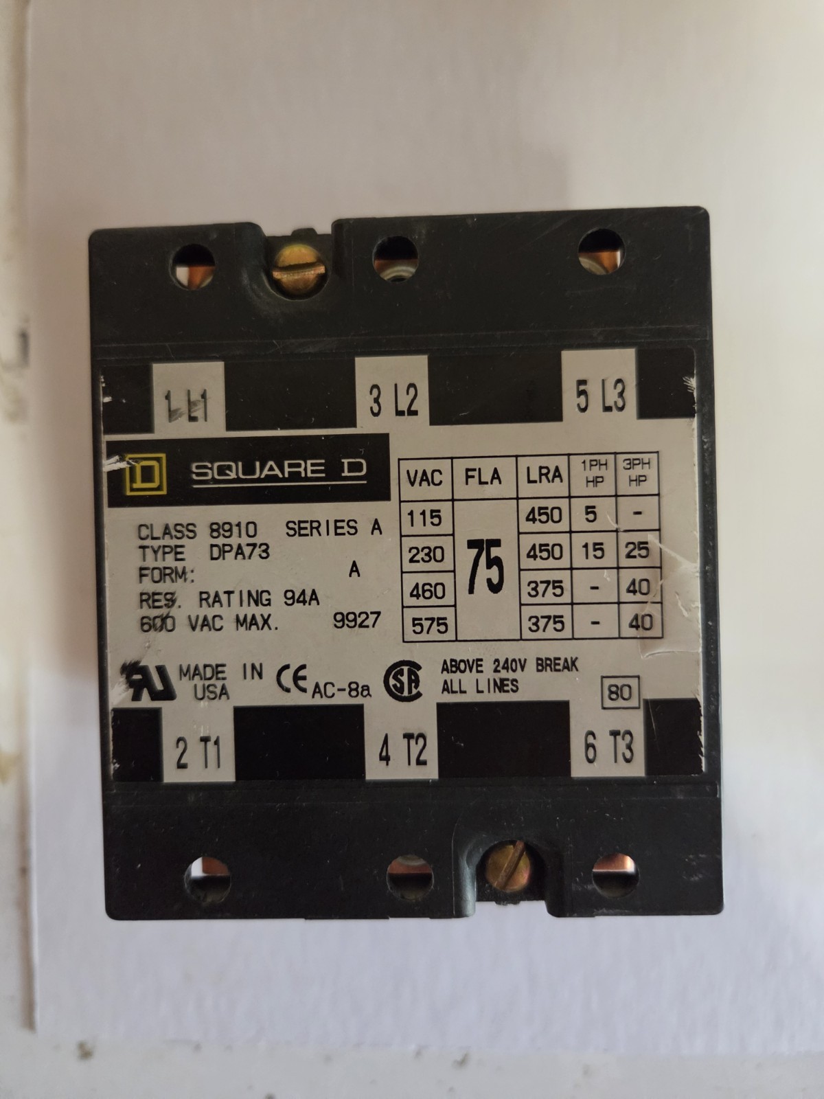 Square D Class 8910 Type DPA73V02 Definite Purpose Contactor 3 Pole A4681IPL