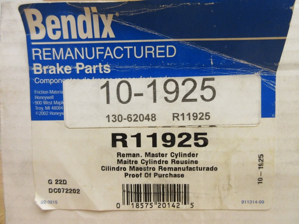 Bendix R11925 Master Brake Cylinder 10-1925