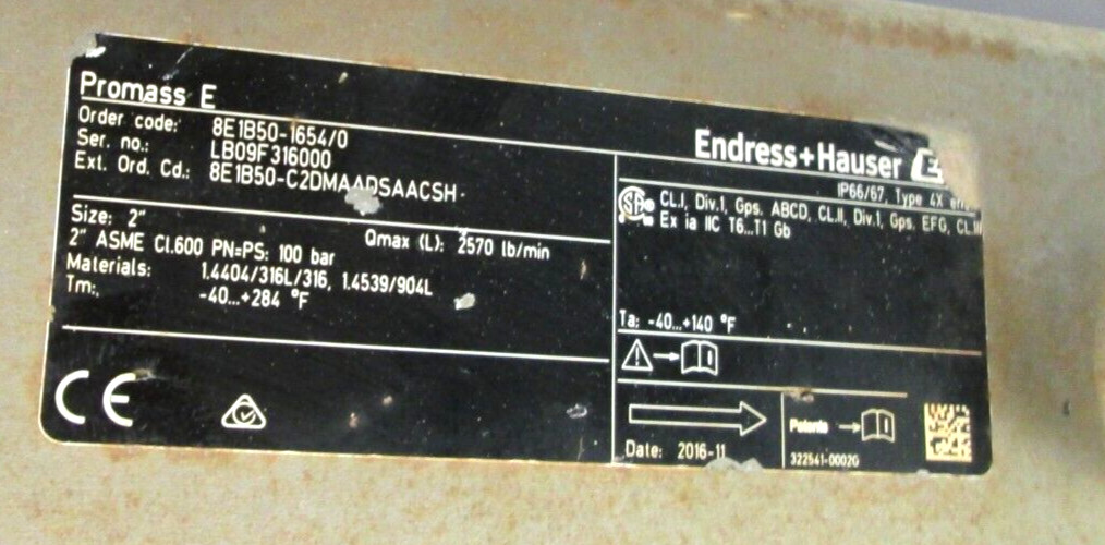 ENDRESS + HAUSER, PROMASS E, 2″ 600#, 316 SST FLANGES, 8E1B50-1654/0, USED
