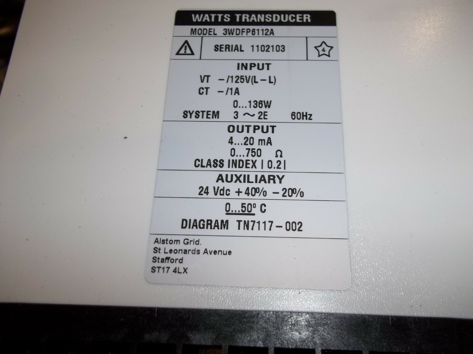 WATTS TRANSDUCER 3WDFP6112A AREVA ISTAT 300 DIAGRAM TN7117-002 (WL18)
