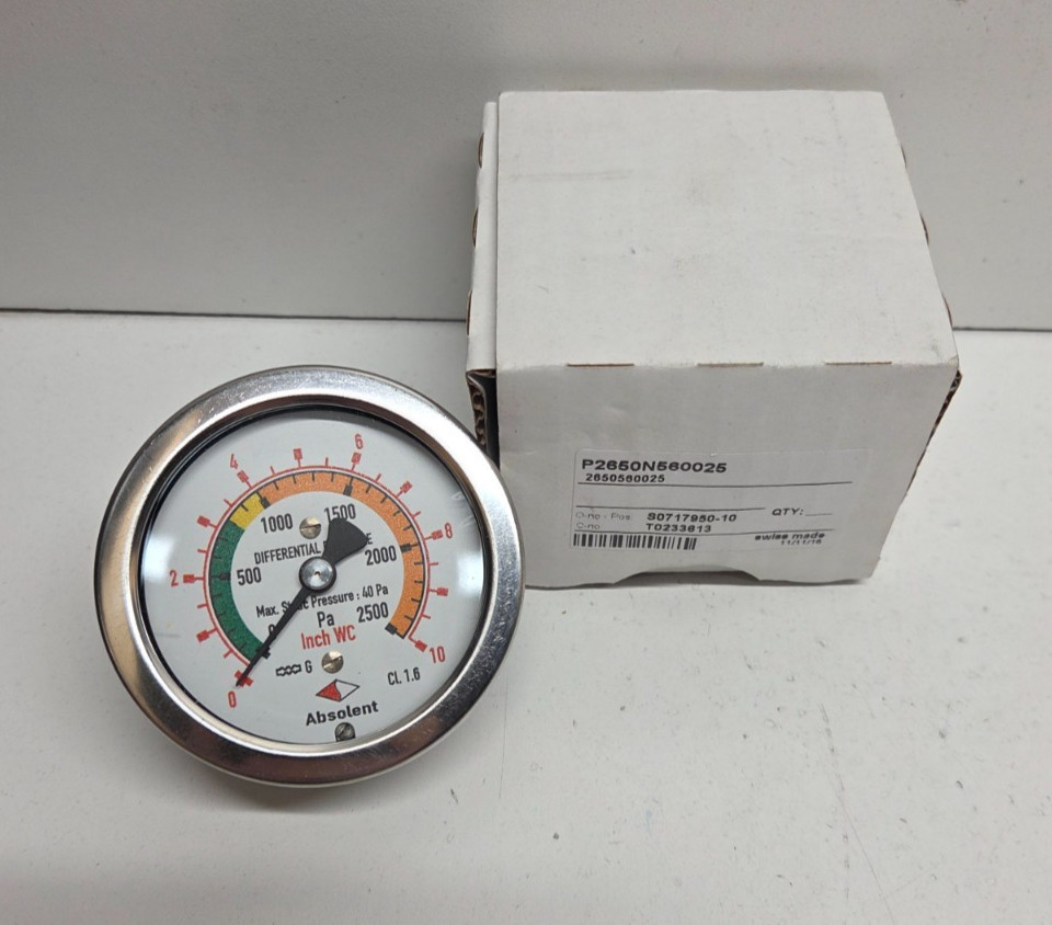 NEW IN BOX! ABSOLENT 2-1/2″ 0-10″WC DIFFERENTIAL PRESSURE GAUGE P2650N560025