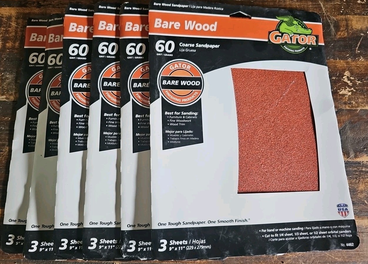 6 Pck Gator 4462 60 Grit Aluminum Oxide Garnet Coarse Wood Sandpaper 9 x 11 in.