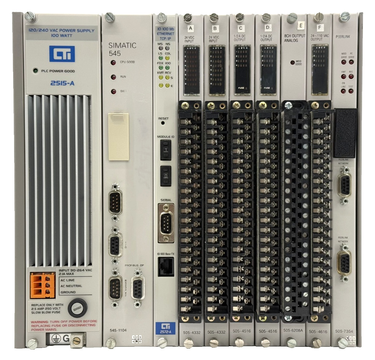SIEMENS 505-6508 8-Slot Chassis Rack, 545-1102 CPU, CTI 2572-A Ethernet