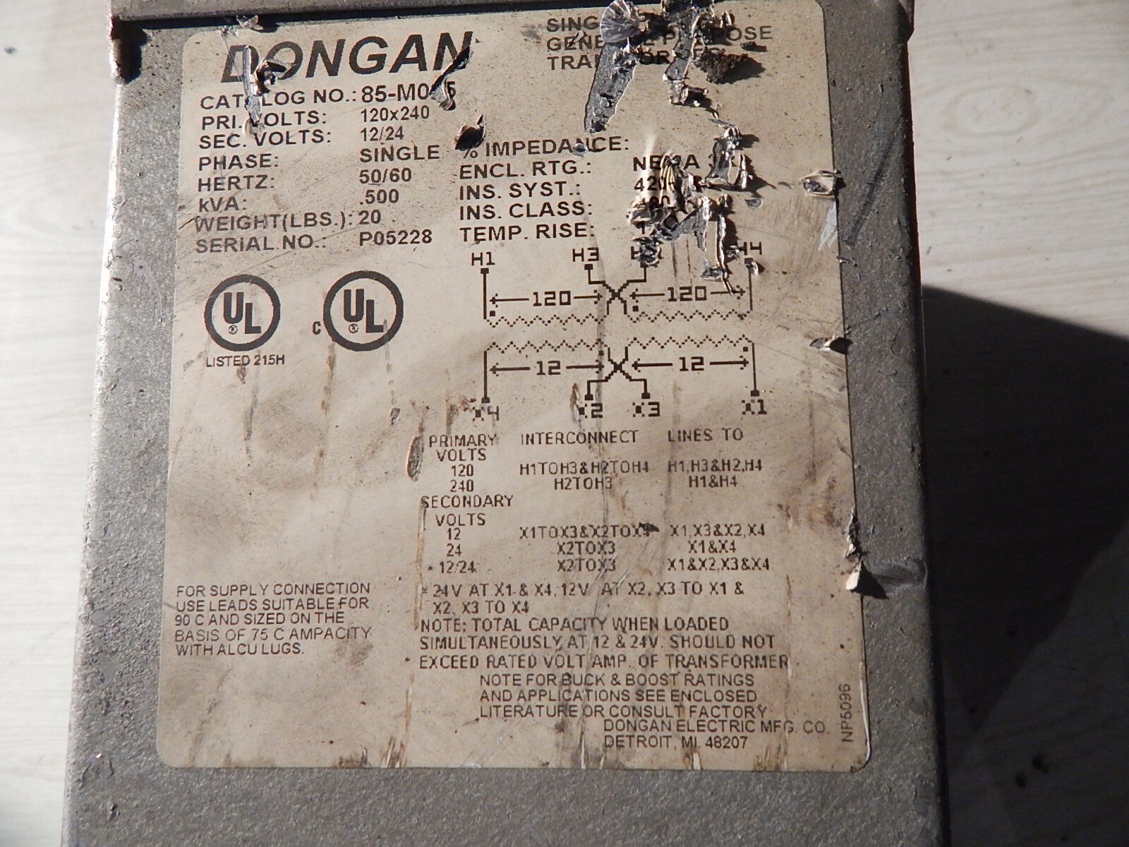 Dongan 85-M0?5 P05228 NP5096 Single Phase General Purpose Transformer