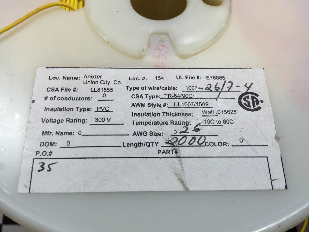 Anixter insulated wire 26 AWG,1007-26/7-0 & 1007-26/7-4, copper Black & Yellow