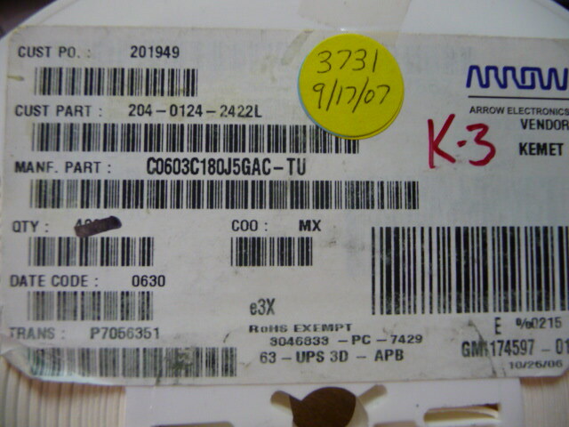 KEMET C0603C180J5GACTU Qty of 1300 per Lot CAP060318 pF50V5%