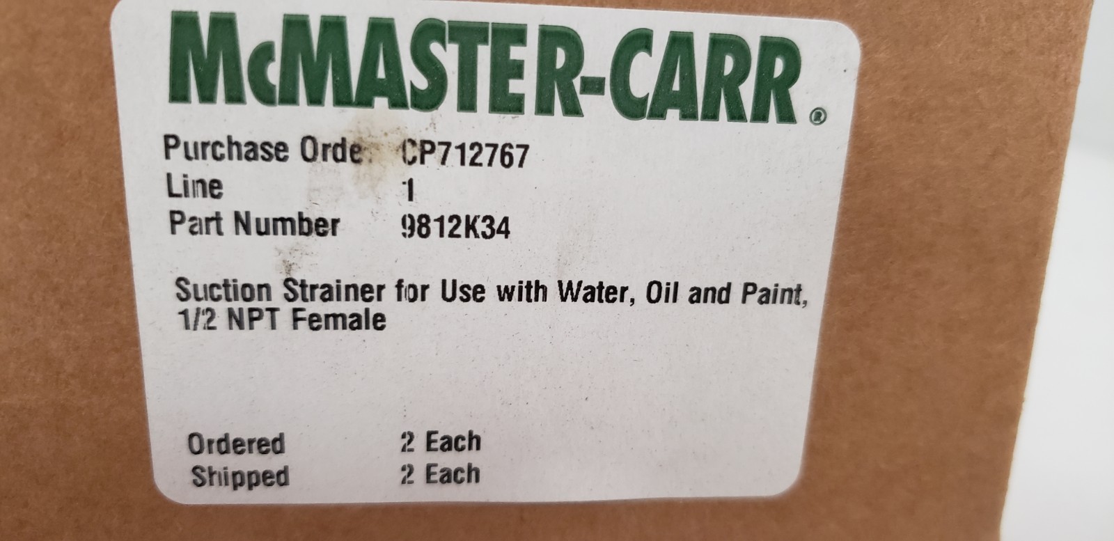 McMASTER-CARR 9812K34 SUCTION STRAINER, USE W/WATER-OIL-PAINT, 1/2″ FNPT, NIB