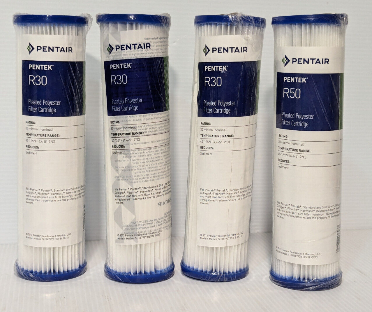 Lot of 4: Asstd. Pentair Pentek R30, R50 Pleated Filter Cartridges, 30-50 micron