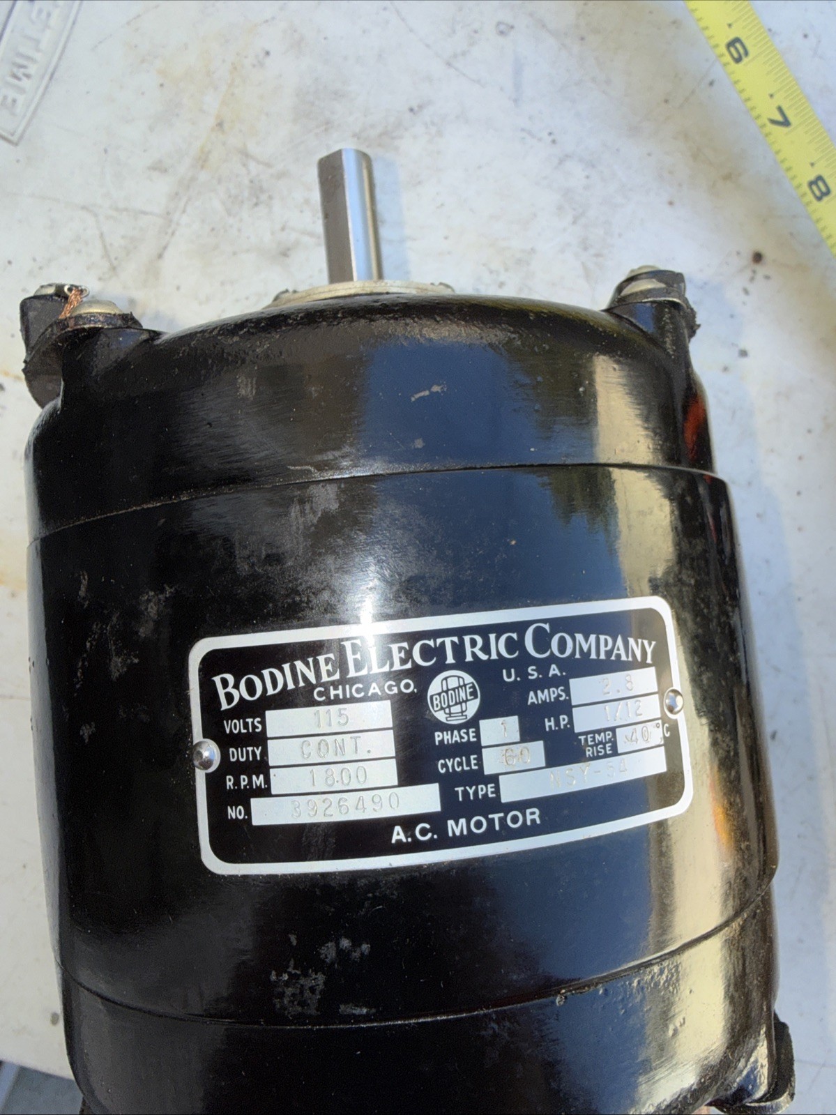 BODINE ELECTRIC COMPANY Motor, Type NSY-54 115AC 1/12HP 1800 RPM/2.8 Amp USA