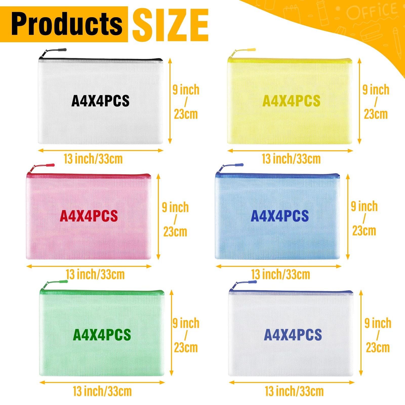 12pcs Large A4 Mesh Zipper Pouch 13×9, Red, Yellow, Green, Blue, Black, White