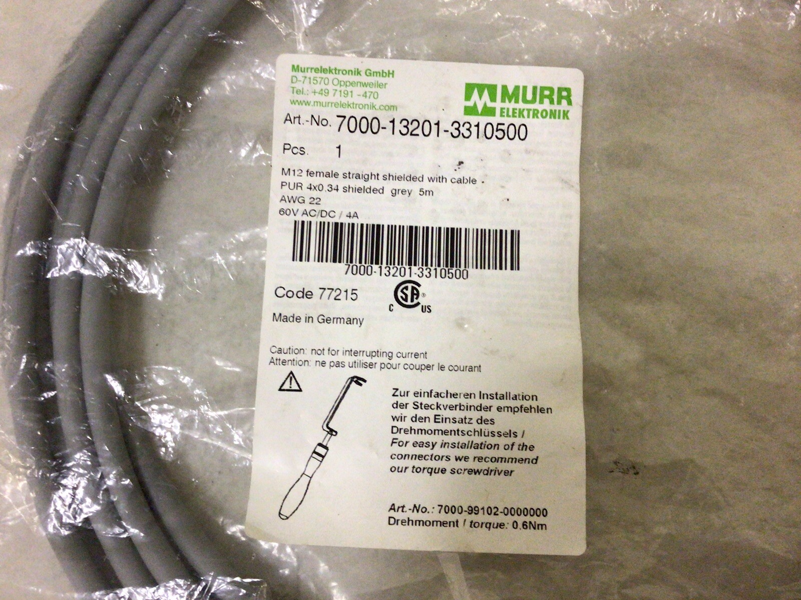 NEW, MURR 7000-13201-3310500 M12 GREY FEMALE STRAIGHT SHIELDED W/CABLE AWG 22