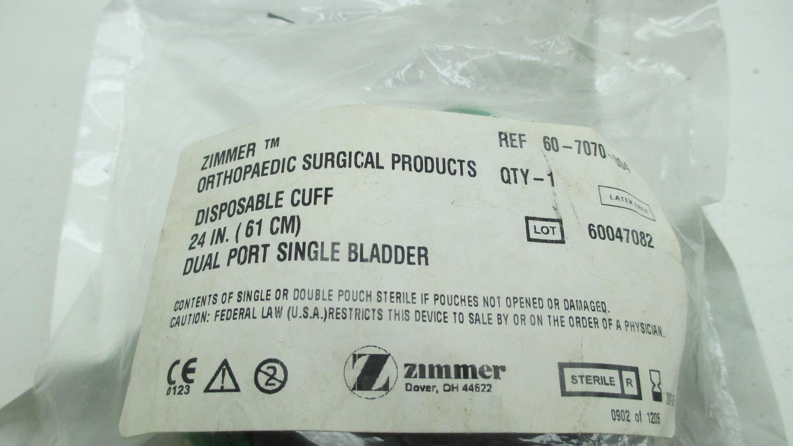 Zimmer 60-7070-004 Tourniquet Cuff Single Hose Single Bladder 24″ GREEN