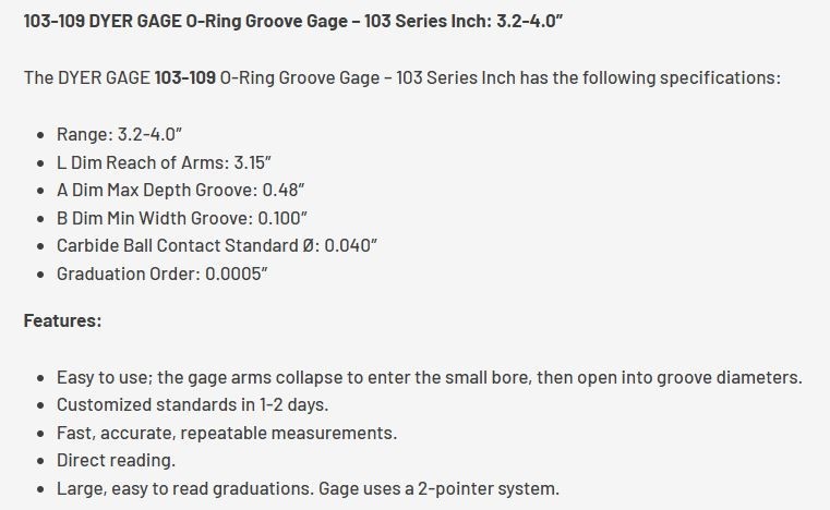 Dyer 103-109-32052 103 Series O-Ring/Groove Gage 3.2″-4.0″ w/Wooden Case