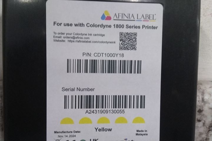 Afinia Label CDT1000Y18 Colordyne 1800 Yellow Ink (BW)