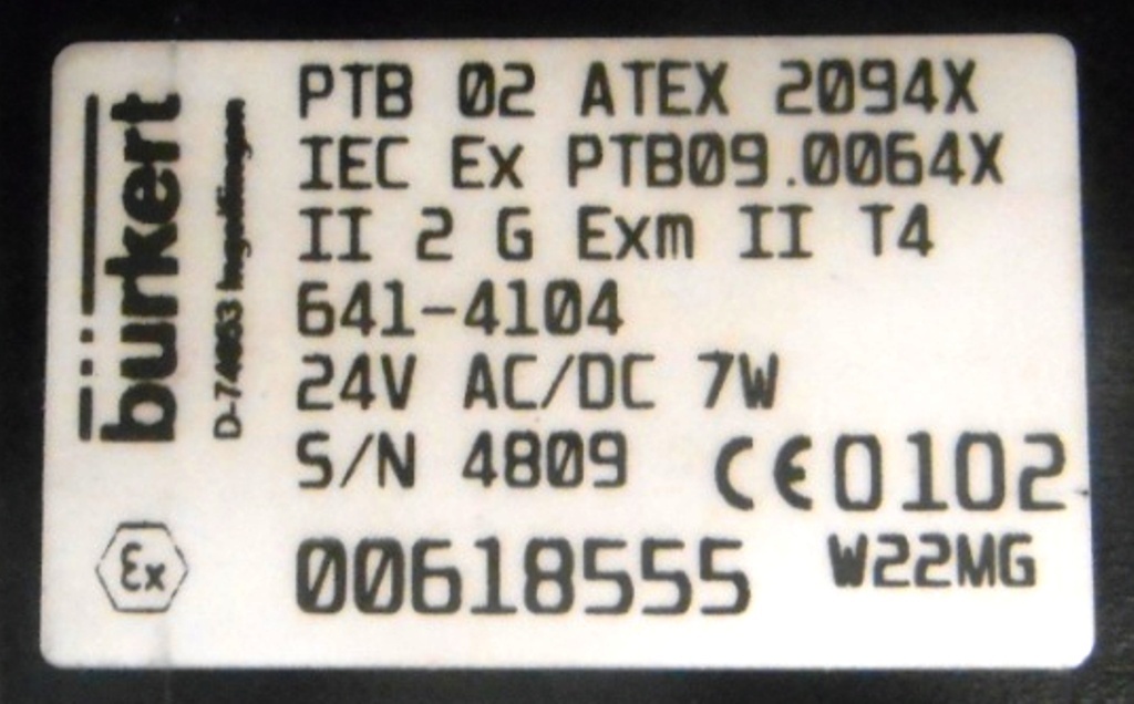BURKERT, 2 WAY LIFTING ARMATURE VALVE, PTB 02 ATEX 2094, TYPE 0641, 24V AC/DC