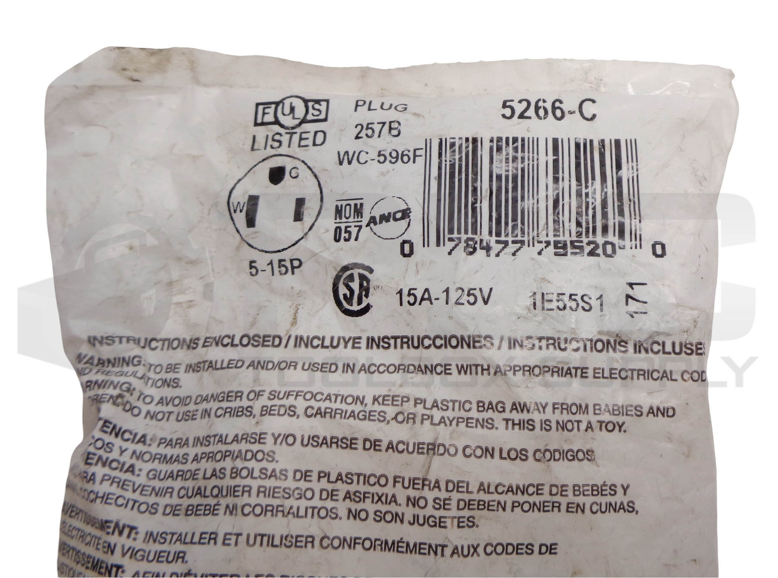 LOT OF 3 SEALED NEW LEVITON 171-5266-C / 5266-C GROUNDING PLUG STRAIGHT BLADE 2P