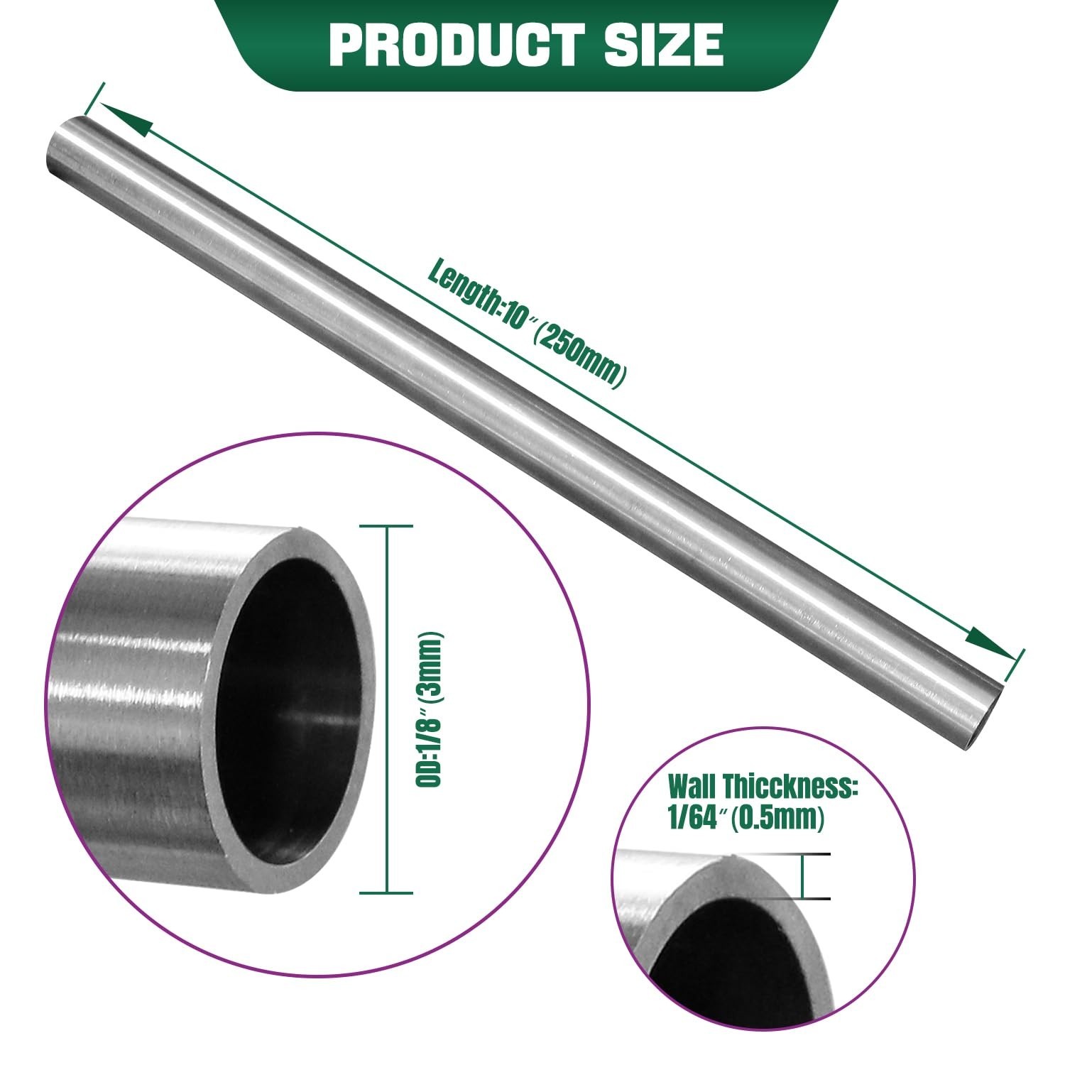 1/8″OD 304 Stainless Steel Tubing, 0.5mm Wall Thickness, 10 Inch Length Round…