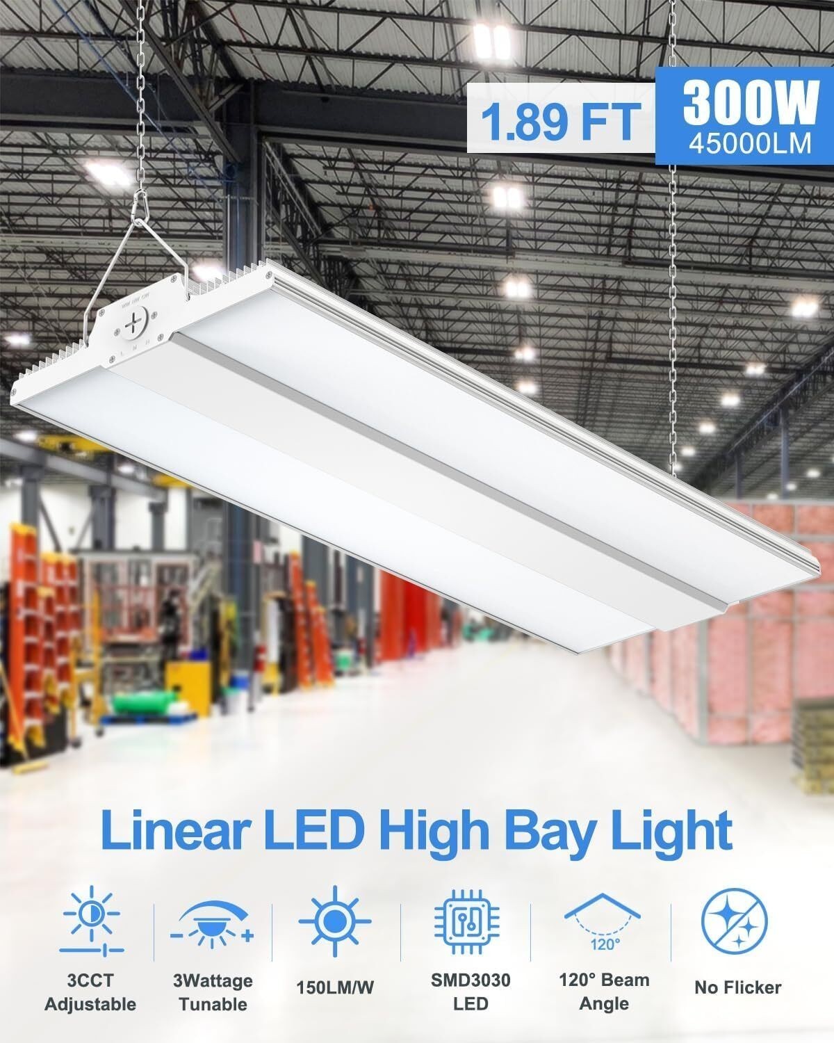 300W LED Linear High Bay Light Warehouse Garage Shop Fixture 4.5K/5K/5.7K CCT